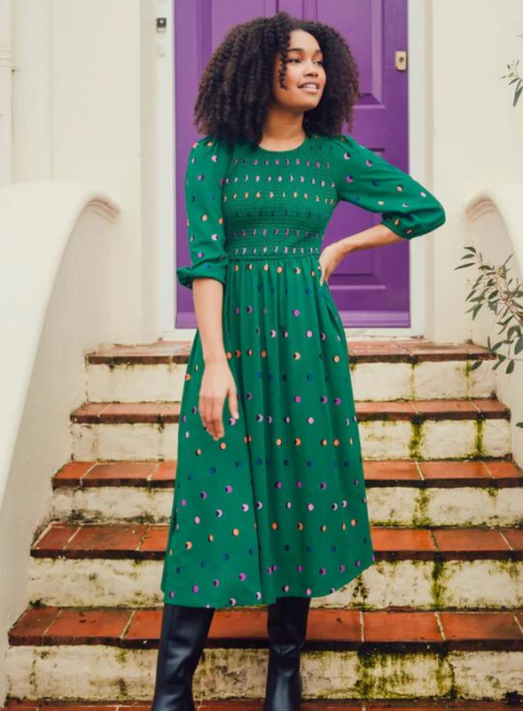 Gretel Shirred Midi Dress in Green Rainbow Shadow Polka from Sugarhill
