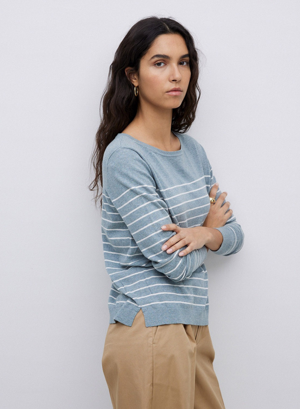 O-Clarins Knit Jumper in Greyish-Green Stripe from Yerse