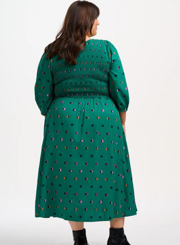 Gretel Shirred Midi Dress in Green Rainbow Shadow Polka from Sugarhill