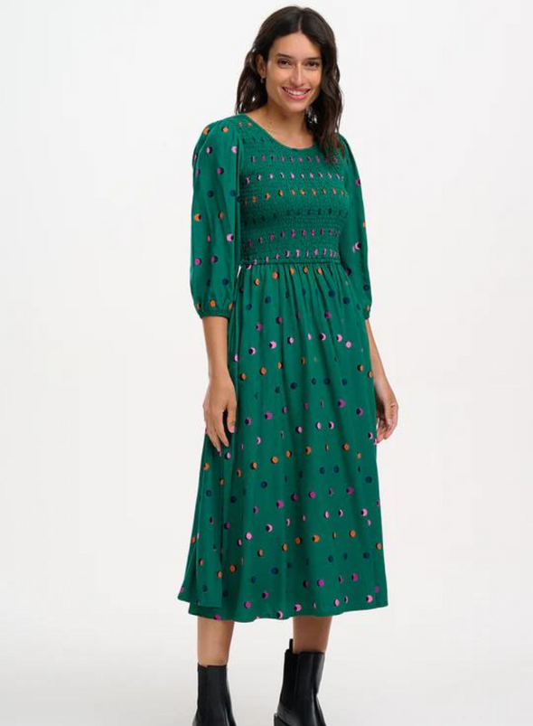 Gretel Shirred Midi Dress in Green Rainbow Shadow Polka from Sugarhill