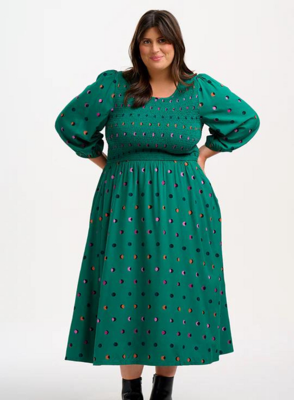 Gretel Shirred Midi Dress in Green Rainbow Shadow Polka from Sugarhill
