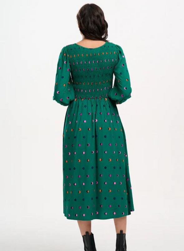 Gretel Shirred Midi Dress in Green Rainbow Shadow Polka from Sugarhill