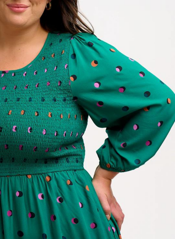 Gretel Shirred Midi Dress in Green Rainbow Shadow Polka from Sugarhill