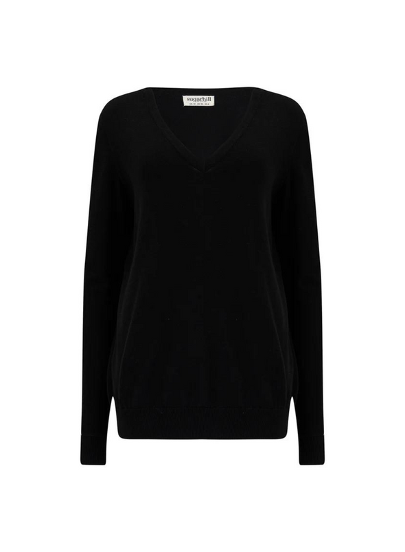 Marcella V-Neck Jumper in Black Sleeve Stripes from Sugarhill