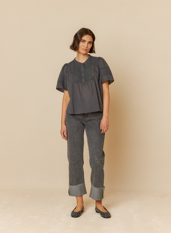 Embroidered Voile Blouse in Carbon from Indi & Cold