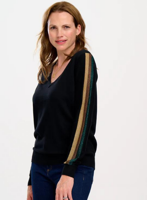 Marcella V-Neck Jumper in Black Sleeve Stripes from Sugarhill