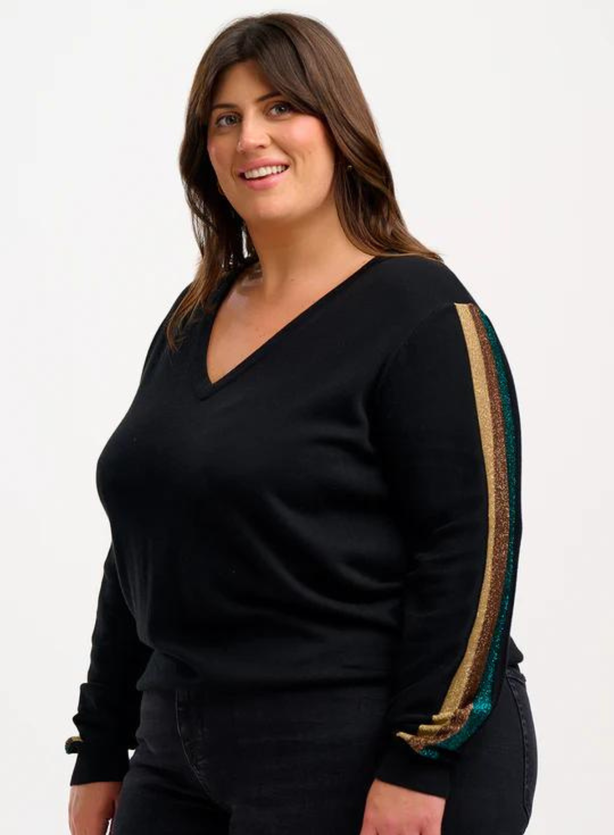 Marcella V-Neck Jumper in Black Sleeve Stripes from Sugarhill