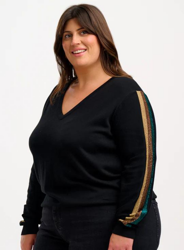Marcella V-Neck Jumper in Black Sleeve Stripes from Sugarhill