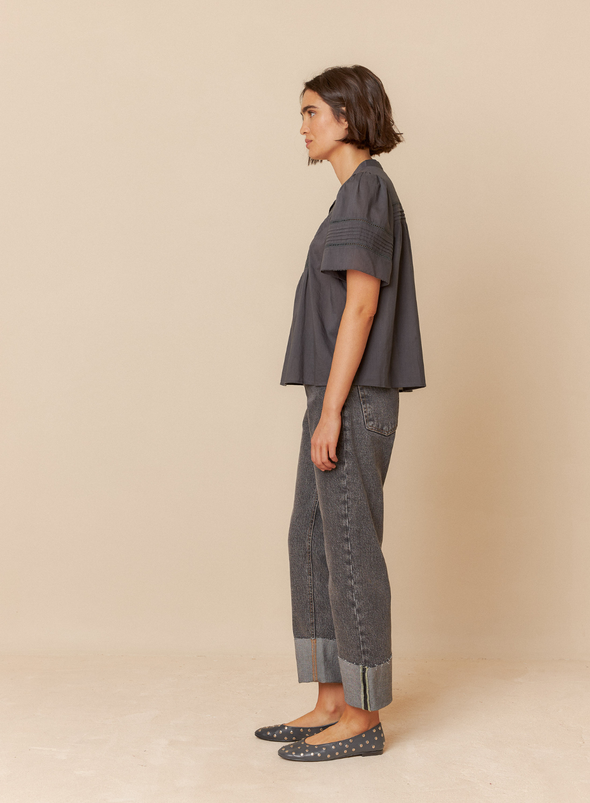 Embroidered Voile Blouse in Carbon from Indi & Cold