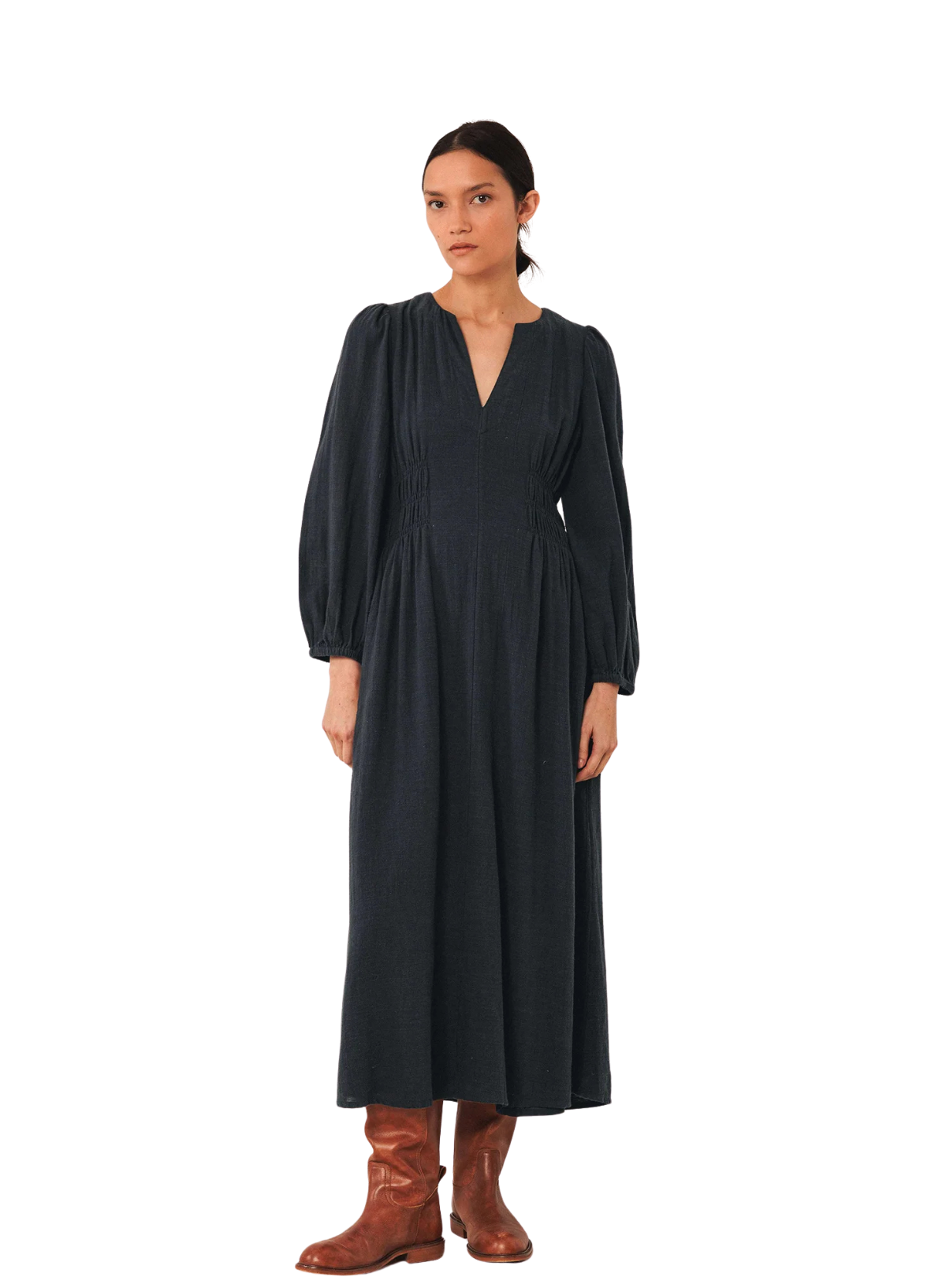 Indi & Cold V-Neck Midi Dress in Navy