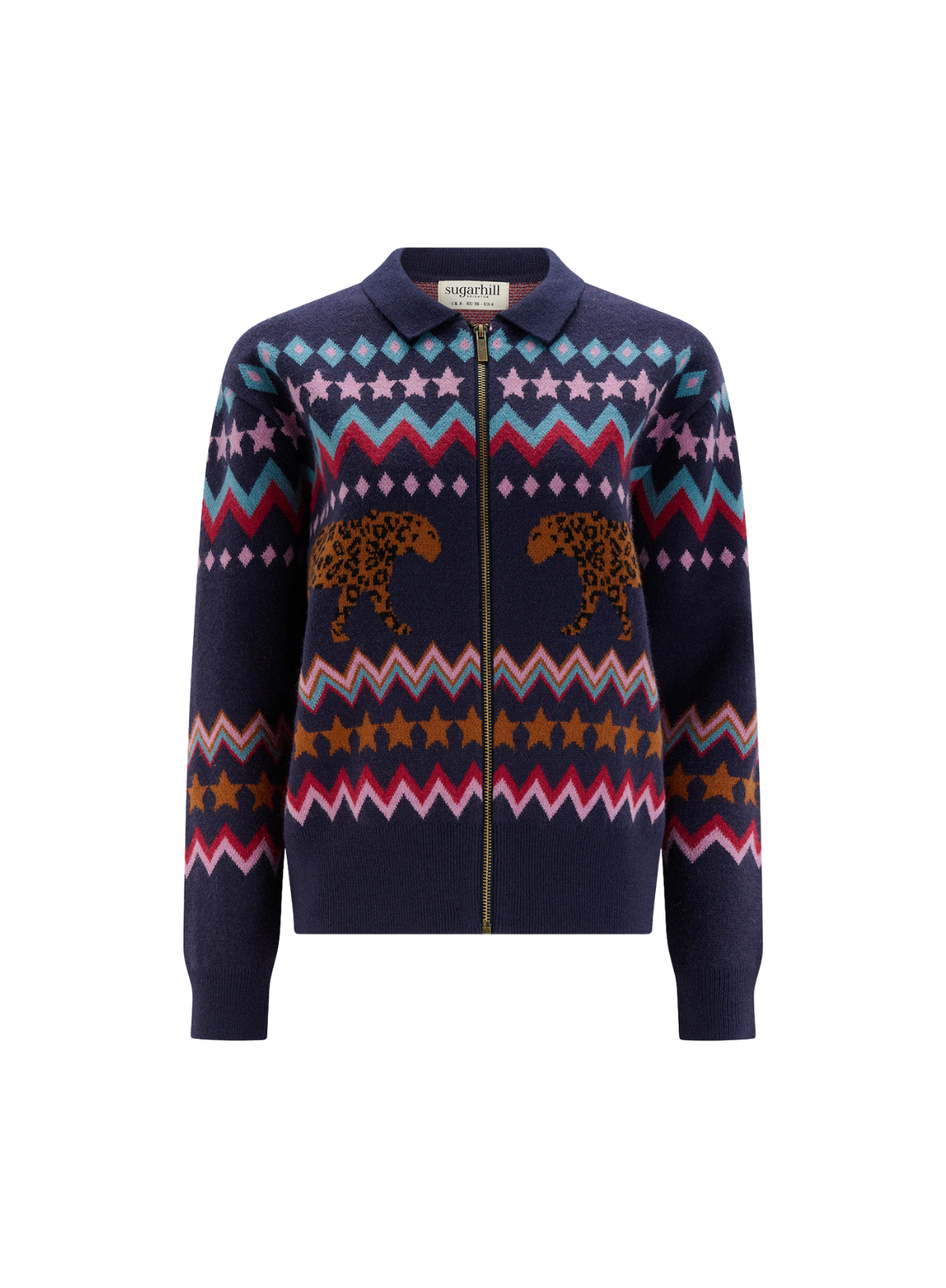 Sugarhill Katlin Knitted Bomber in Navy Walking Leopard