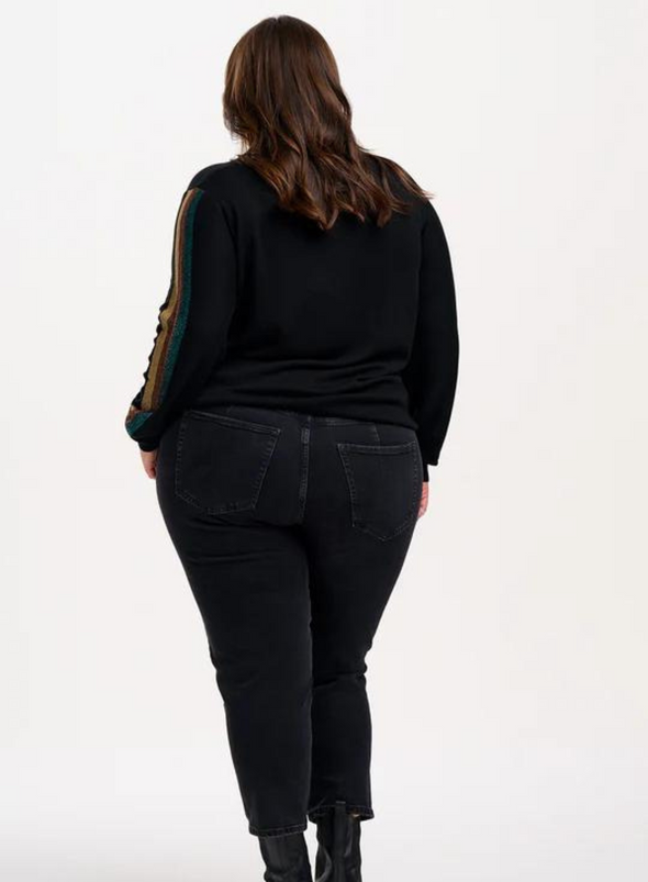 Marcella V-Neck Jumper in Black Sleeve Stripes from Sugarhill