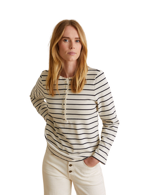 Mia Long Sleeve Top in Ecru + Navy Stripes from Yerse