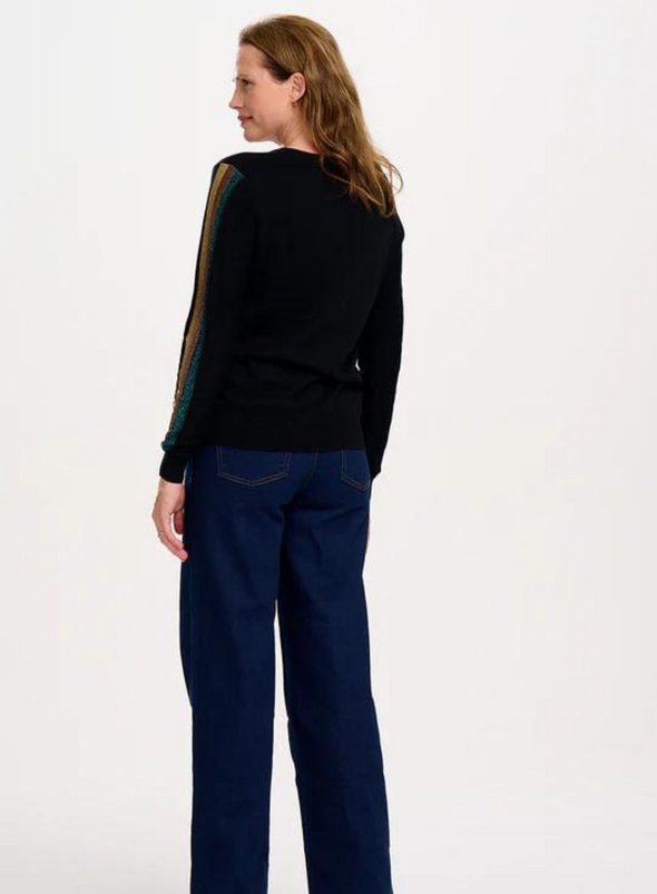 Marcella V-Neck Jumper in Black Sleeve Stripes from Sugarhill