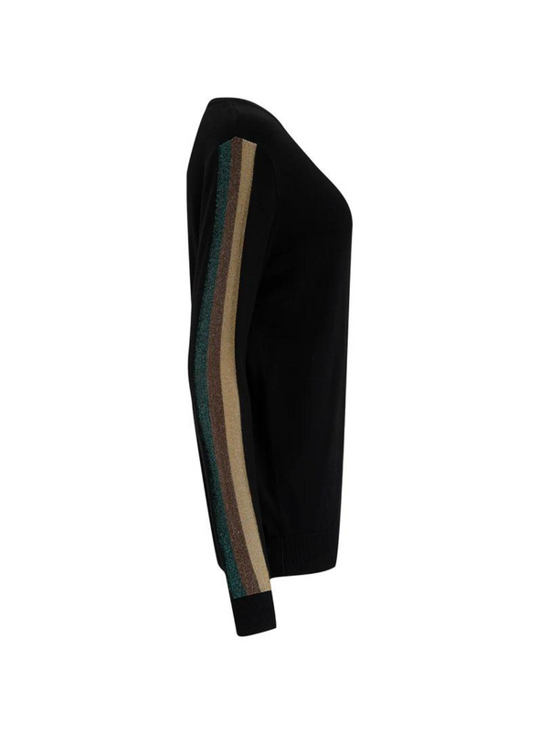 Marcella V-Neck Jumper in Black Sleeve Stripes from Sugarhill