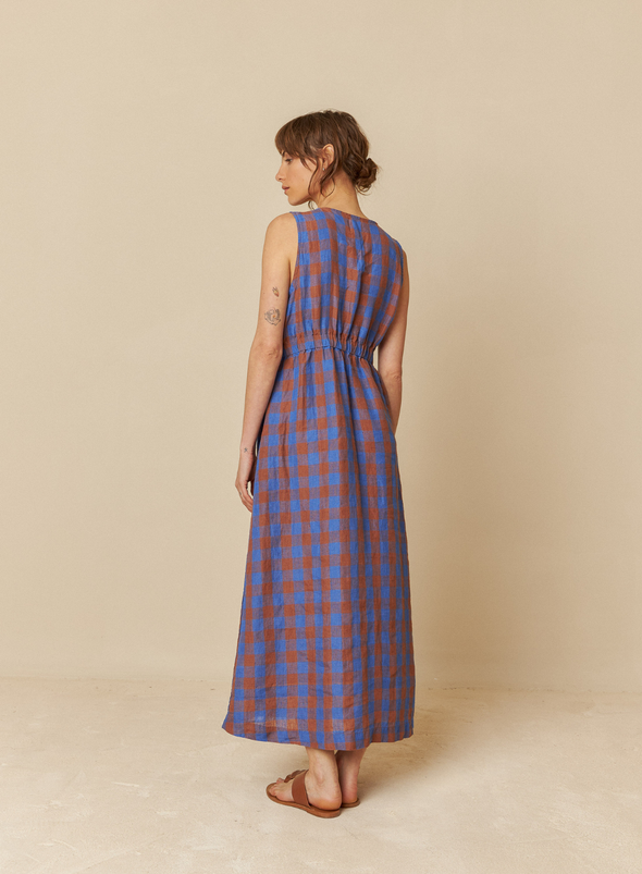 V-Neck Dress in Blue Check from Indi & Cold