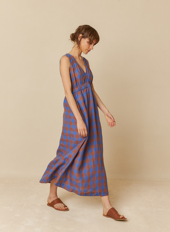 V-Neck Dress in Blue Check from Indi & Cold