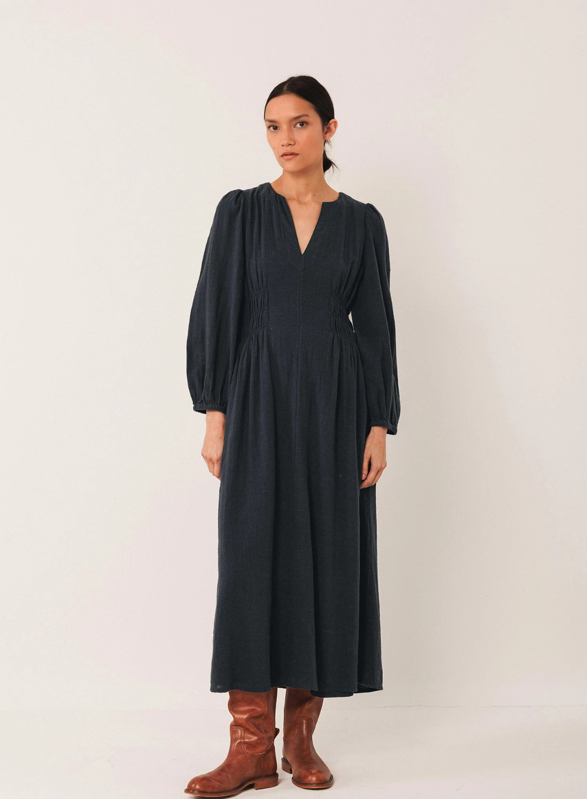 Indi & Cold V-Neck Midi Dress in Navy