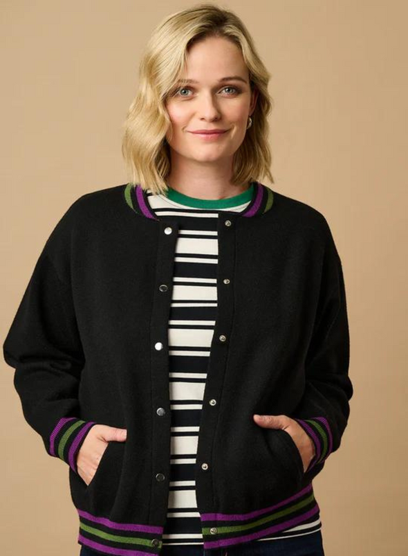 Monay Knitted Bomber Jacket in Black Sports Stripe from Sugarhill