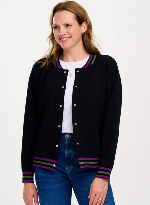 Monay Knitted Bomber Jacket in Black Sports Stripe from Sugarhill