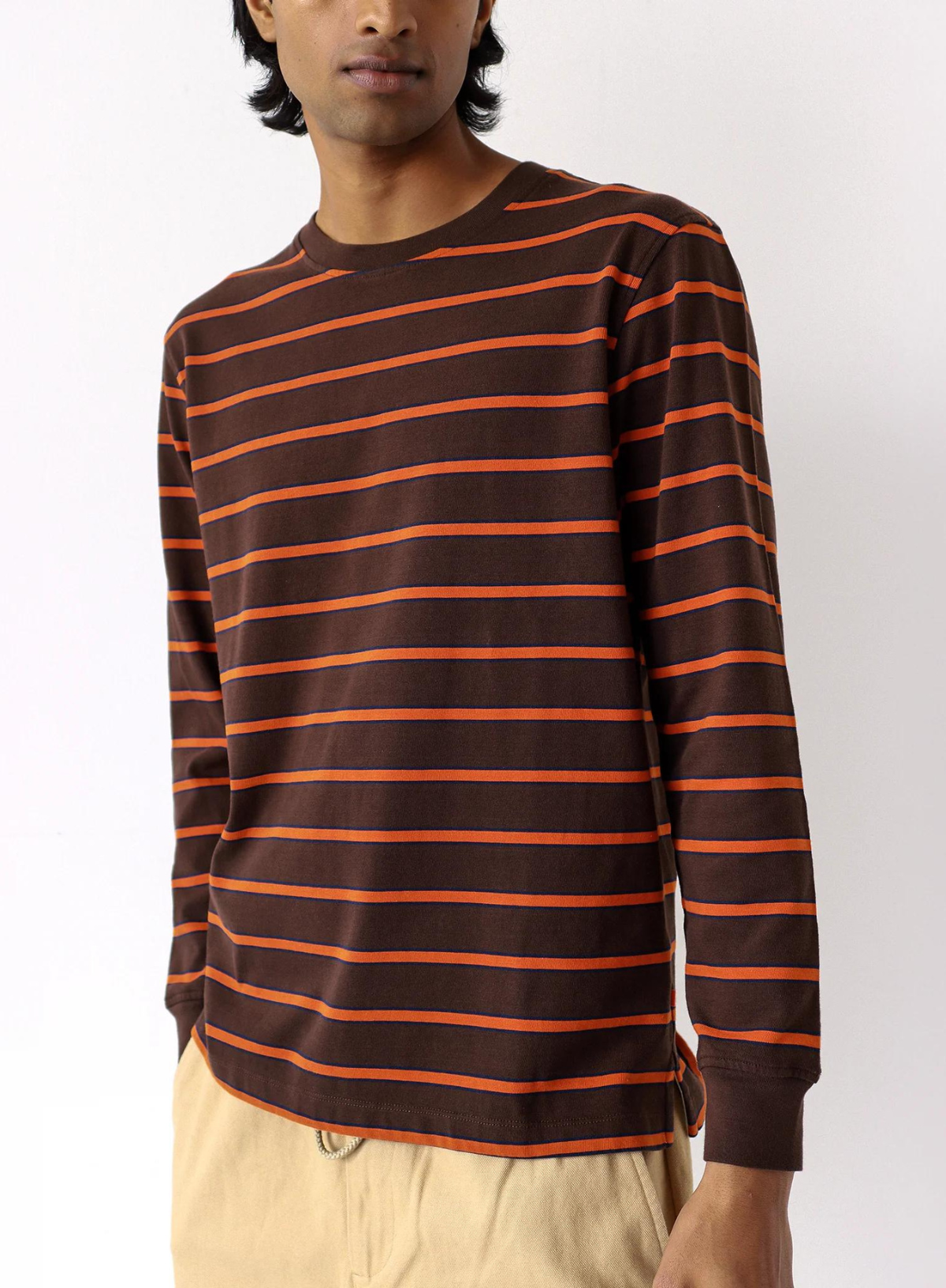 Tres Stripe Long Sleeve T-Shirt in Slate Brown Multi from Far Afield