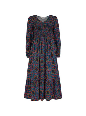 Amberley Shirred Midi Dress in Black Rainbow Star Explosion from Sugarhill