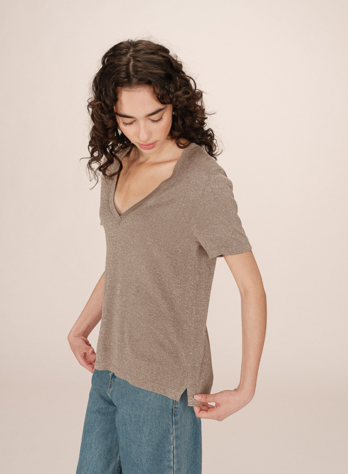 Stardust V-Neck Top in Greige from Grace & Mila