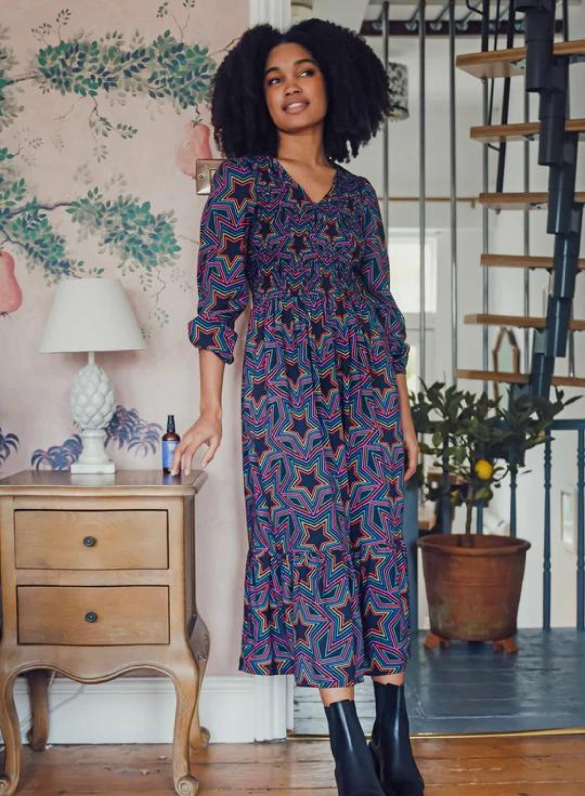 Amberley Shirred Midi Dress in Black Rainbow Star Explosion from Sugarhill