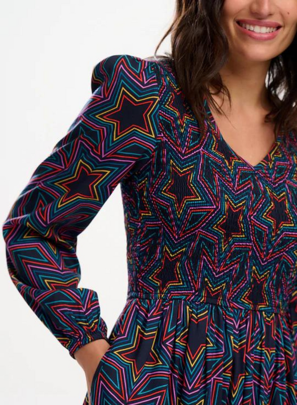 Amberley Shirred Midi Dress in Black Rainbow Star Explosion from Sugarhill