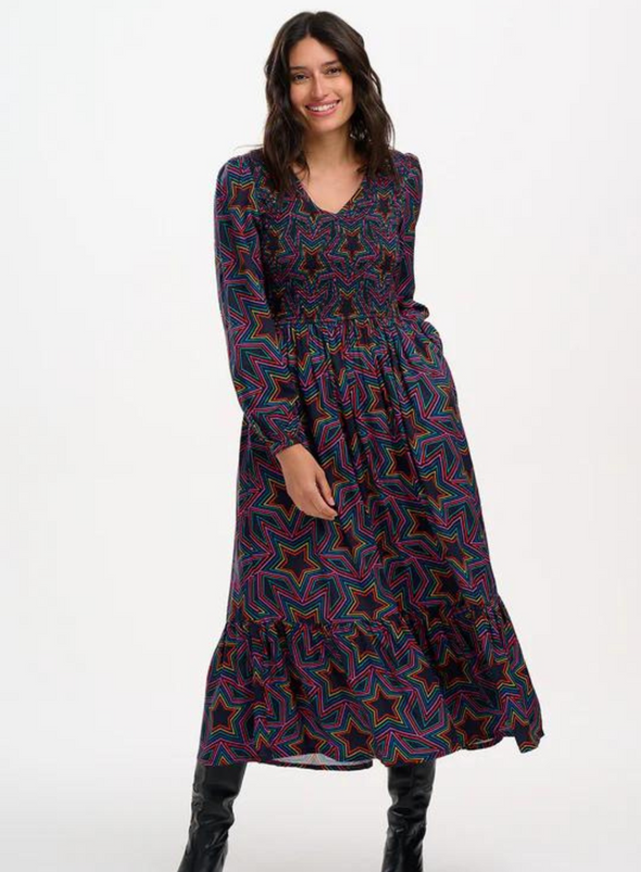 Amberley Shirred Midi Dress in Black Rainbow Star Explosion from Sugarhill