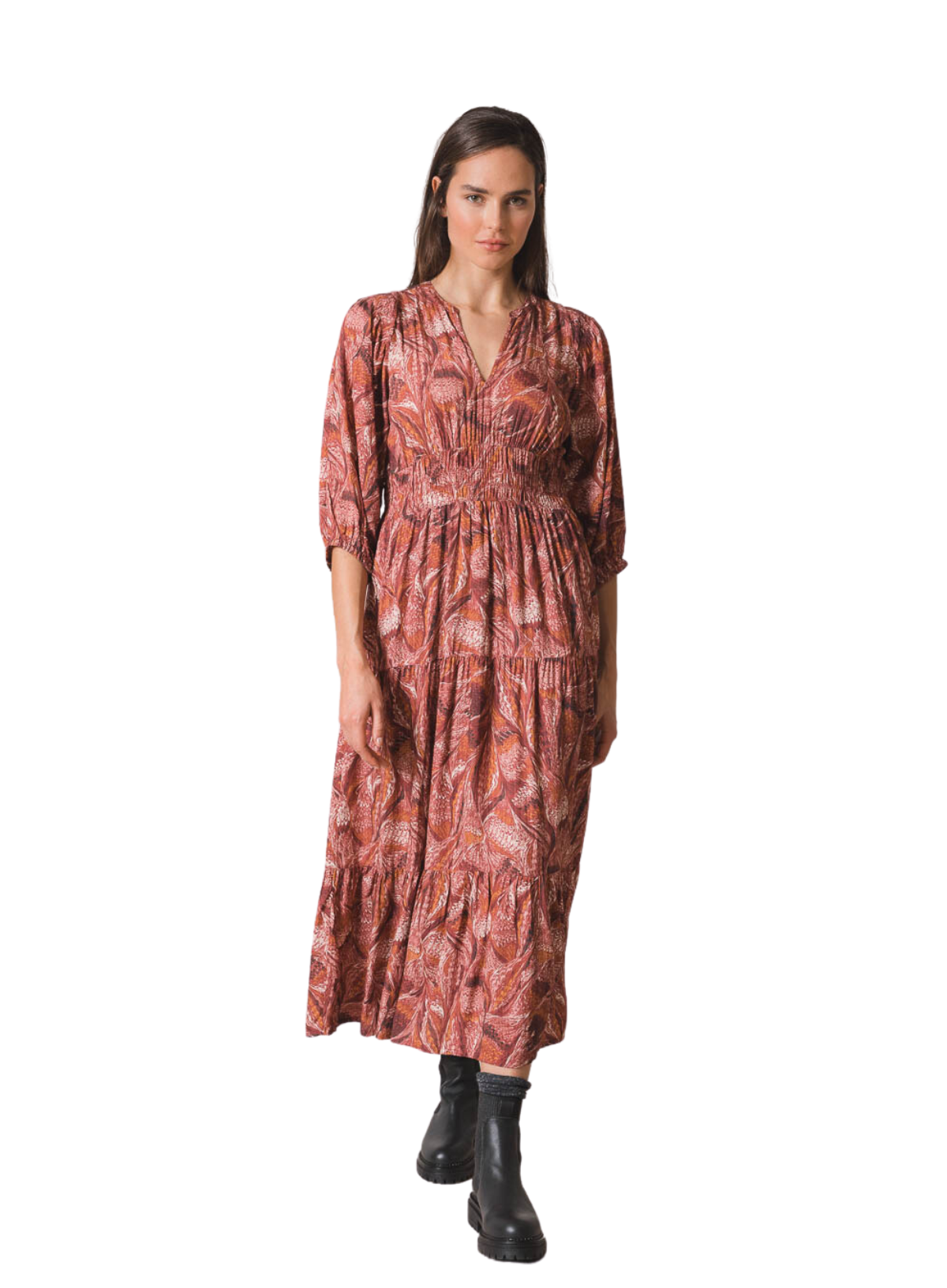 Printed V-Neck Midi Dress in Bordeaux from Indi & Cold
