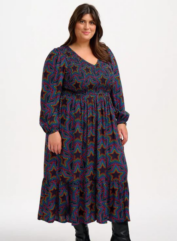 Amberley Shirred Midi Dress in Black Rainbow Star Explosion from Sugarhill