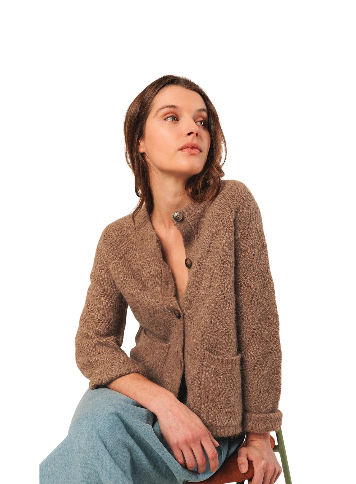 Indi & Cold Round Neck Soft Cardigan in Camel