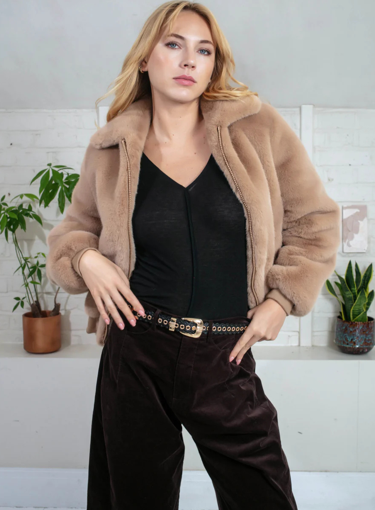 Nooki Beatrix Camel Faux Fur Bomber Jacket