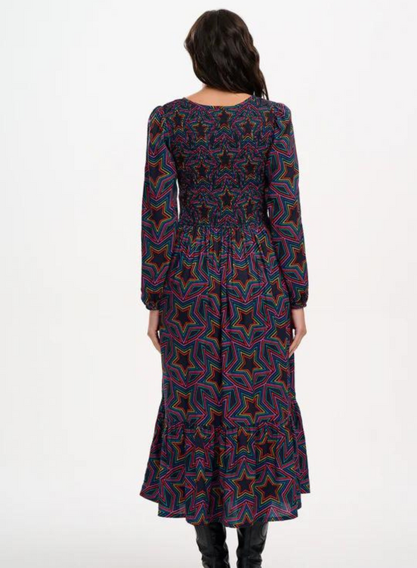 Amberley Shirred Midi Dress in Black Rainbow Star Explosion from Sugarhill