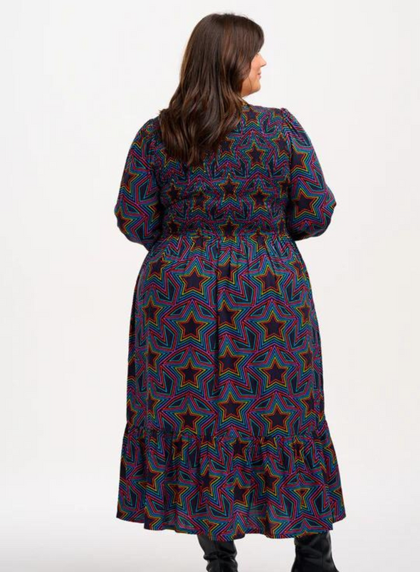 Amberley Shirred Midi Dress in Black Rainbow Star Explosion from Sugarhill