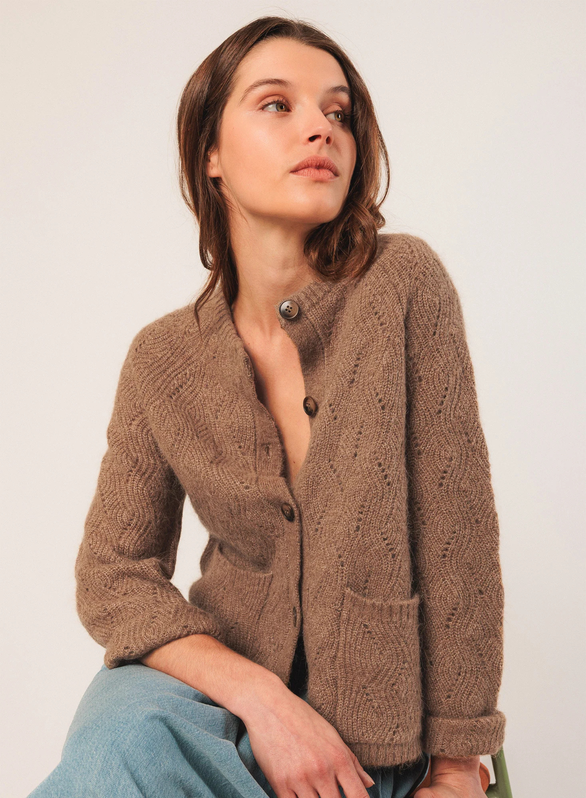 Indi & Cold Round Neck Soft Cardigan in Camel