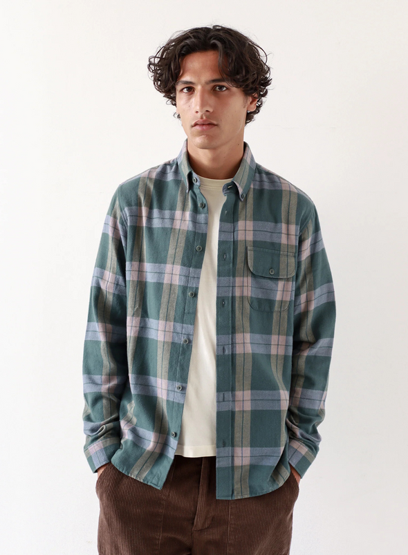 Larry Check Shirt in Forest Green/Silver Blue from Far Afield