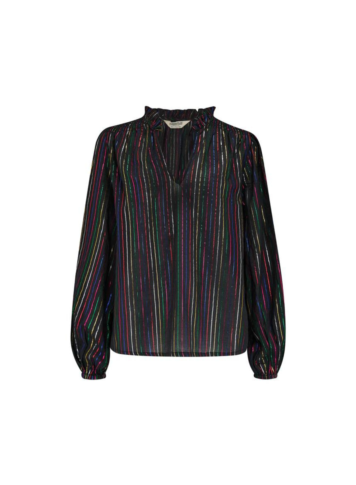 Electra Shirred Top in Black Metallic Rainbow Stripe from Sugarhill