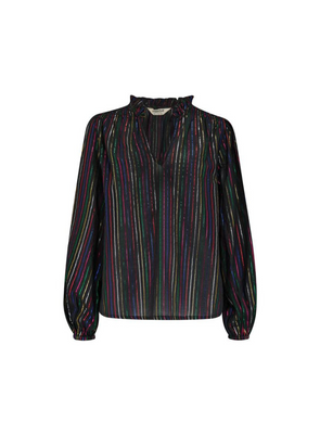 Electra Shirred Top in Black Metallic Rainbow Stripe from Sugarhill