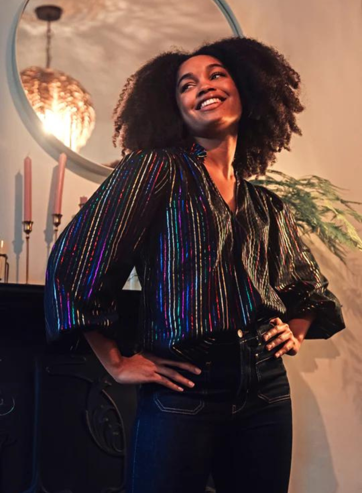 Electra Shirred Top in Black Metallic Rainbow Stripe from Sugarhill