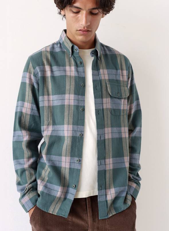 Larry Check Shirt in Forest Green/Silver Blue from Far Afield