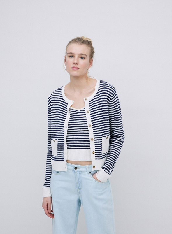 Riz Cardigan in Navy/Crudo Stripe from Yerse