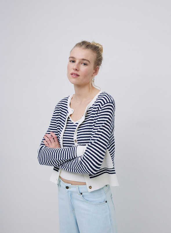 Riz Cardigan in Navy/Crudo Stripe from Yerse