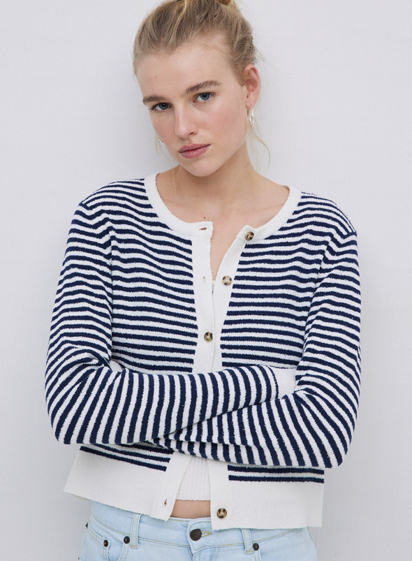 Riz Cardigan in Navy/Crudo Stripe from Yerse