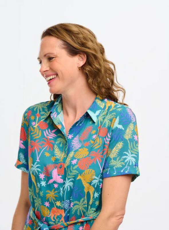 Justine Midi Shirt Dress in Teal Rainbow Jungle from Sugarhill