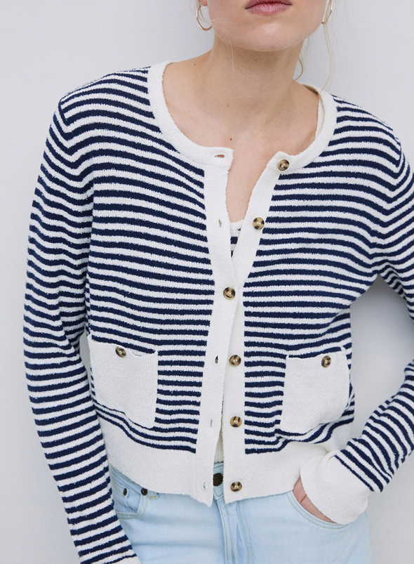 Riz Cardigan in Navy/Crudo Stripe from Yerse