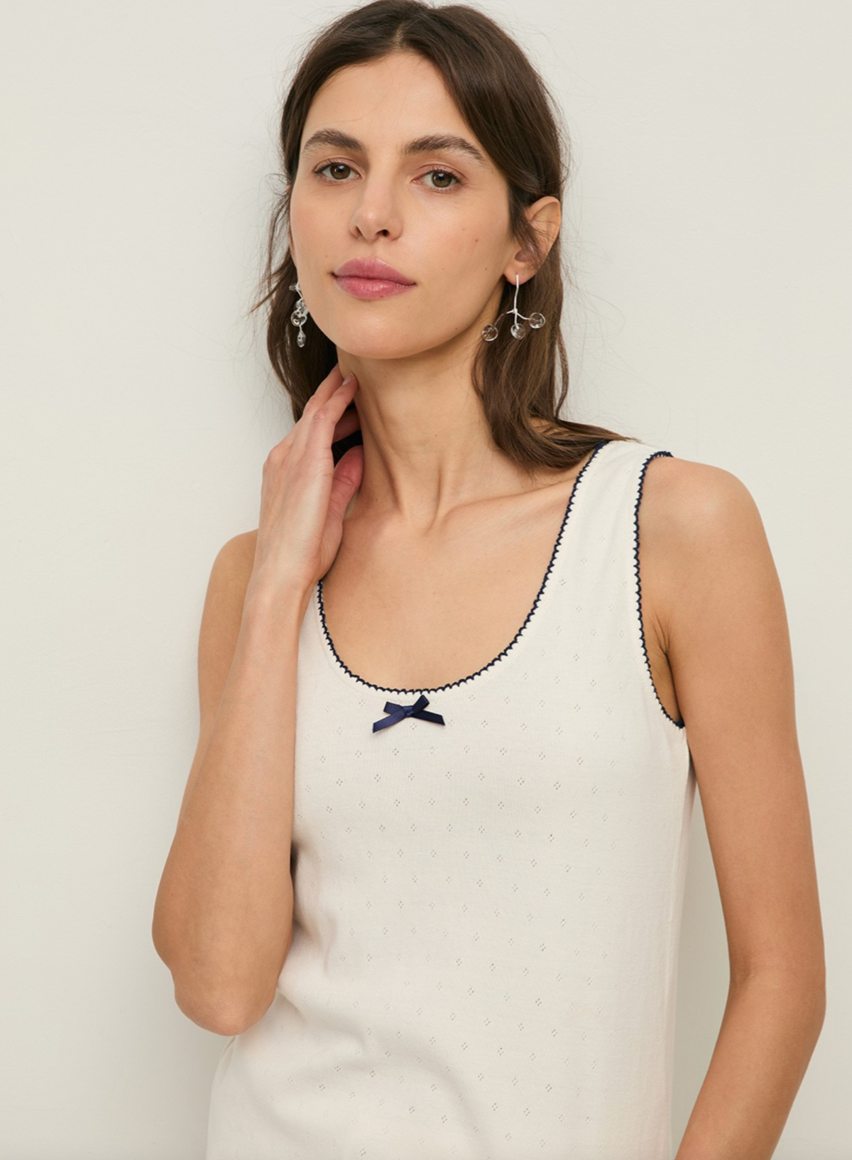 Yerse Cotton Vest Top with Navy Trim