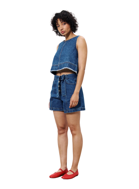 Dafne Cropped Denim Top in Blue Jean from FRNCH