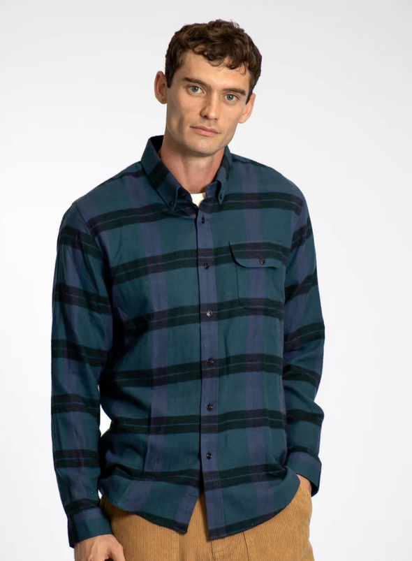 Larry LS Check Shirt in Meteorite Black/Insignia Blue from Far Afield